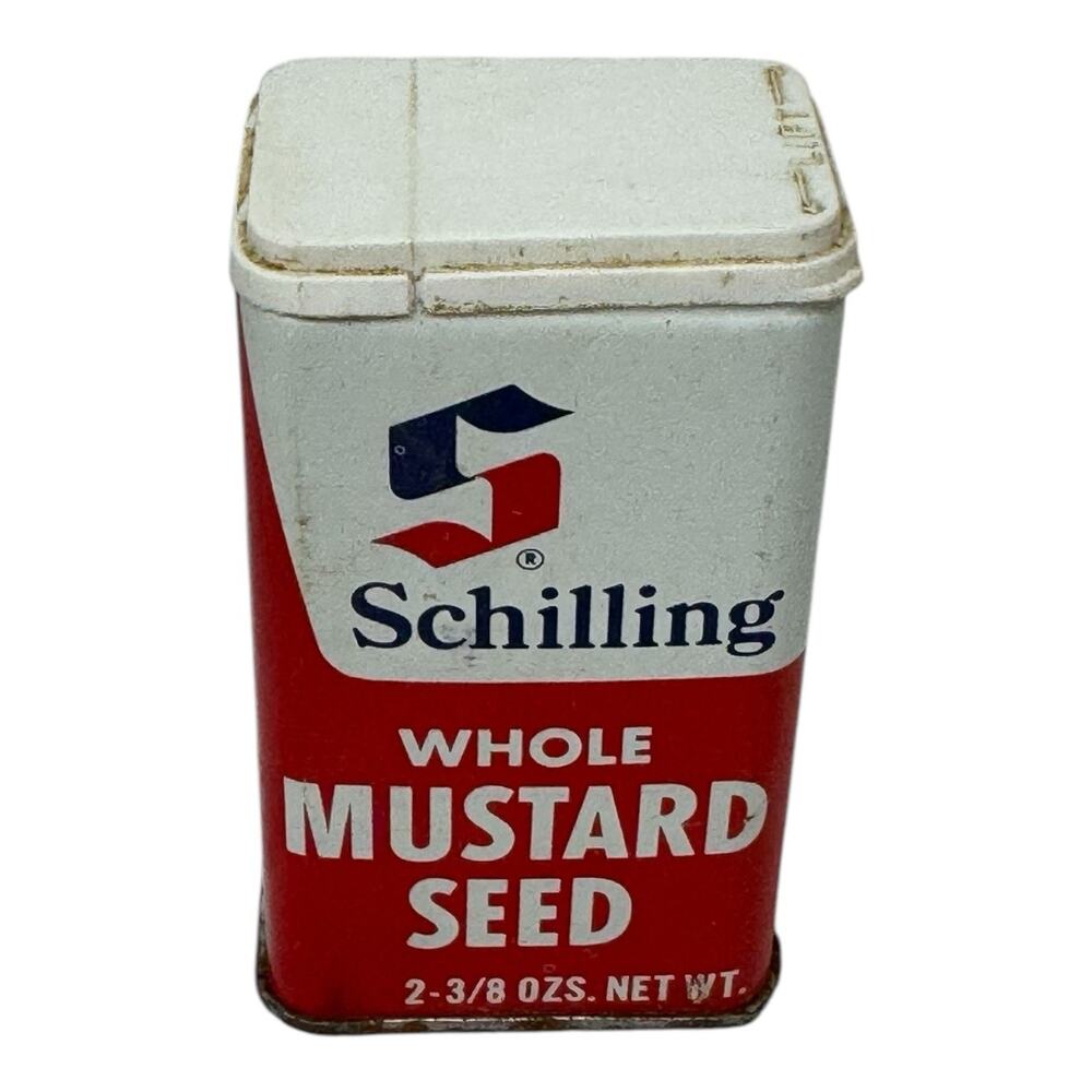 VINTAGE Schilling Whole Mustard Seed Red + White Spice Tin 2-3/8 oz